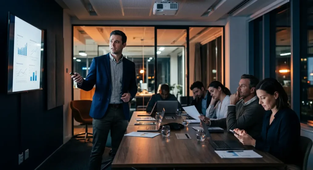 Profesional técnico con problemas para comunicar en el trabajo reunión de equipo