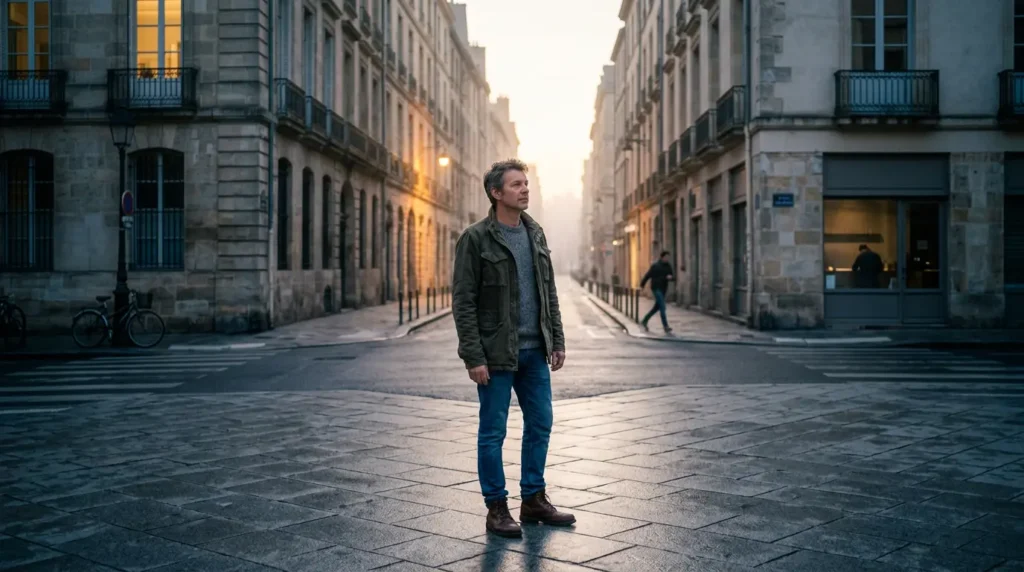 Persona observando una intersección urbana al amanecer antes de decidir cuál será su siguiente paso.