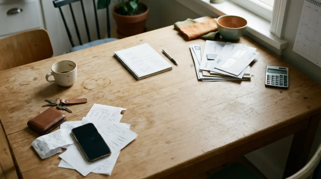 Mesa doméstica con documentos y objetos cotidianos que comienzan a organizarse, representando el inicio del control de las finanzas personales.