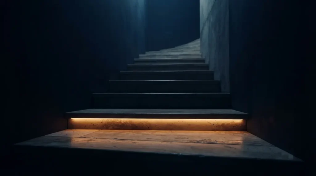 Primer peldaño iluminado de una escalera que representa comenzar a aprender finanzas desde cero.