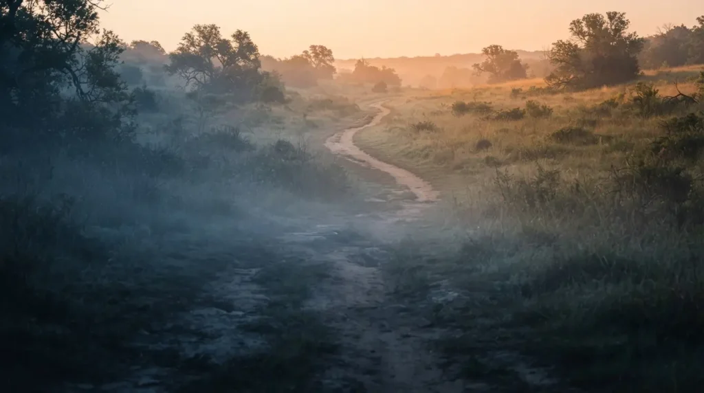 Sendero cubierto de niebla que se vuelve visible con la luz del amanecer, como metáfora de entender antes de decidir y comenzar la finanzas desde cero