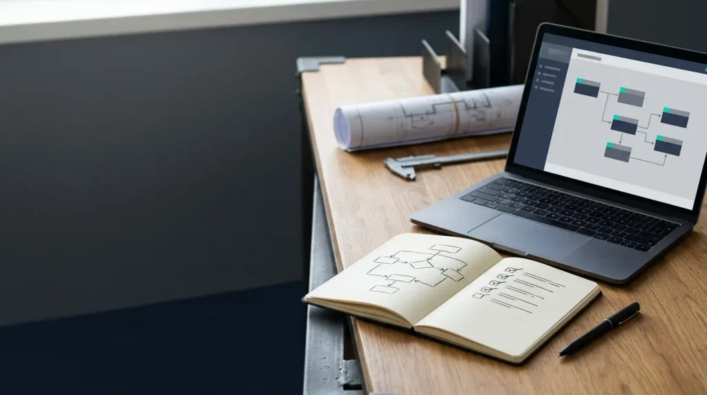 Portátil con un flujo de automatización y cuaderno de revisión en una mesa de trabajo con elementos técnicos.