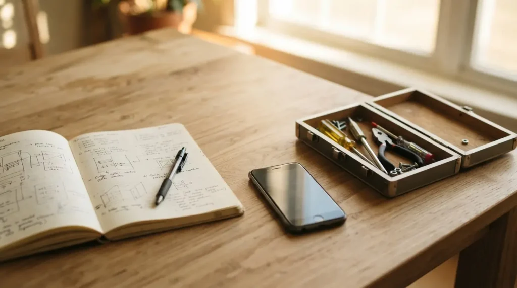 Aprender IA sin saber programar: mesa de trabajo con herramientas y libreta